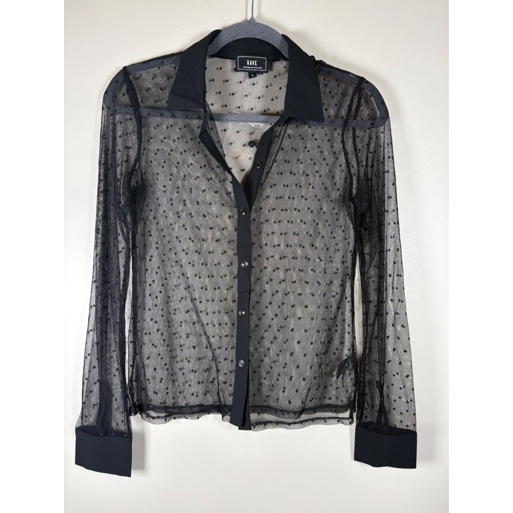 HAVE Black Sheer Mesh Polka Dot Button Down Blouse Womens M Dark Academia Goth